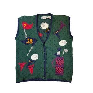 Heirlooms Vintage Handknit Golf Sweater Vest Green Navy Womens Small